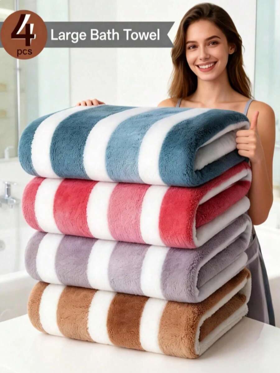 4pcs Oversized Striped Coral Bath Towel Set - Ultra-Soft, Quick-Drying, Luxurious For Home, Gym, Spa, 55x27 Inches, Bohemian Style, Multi-Color - Multi-color a - View 1