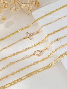 Set de 6 piezas de pulsera con cadena multicapa decorada con cruces y corazones de circonita cúbica, gran regalo para mujeres en cumpleaños, fiestas y días festivos - Amarillo Oro - Ver 2