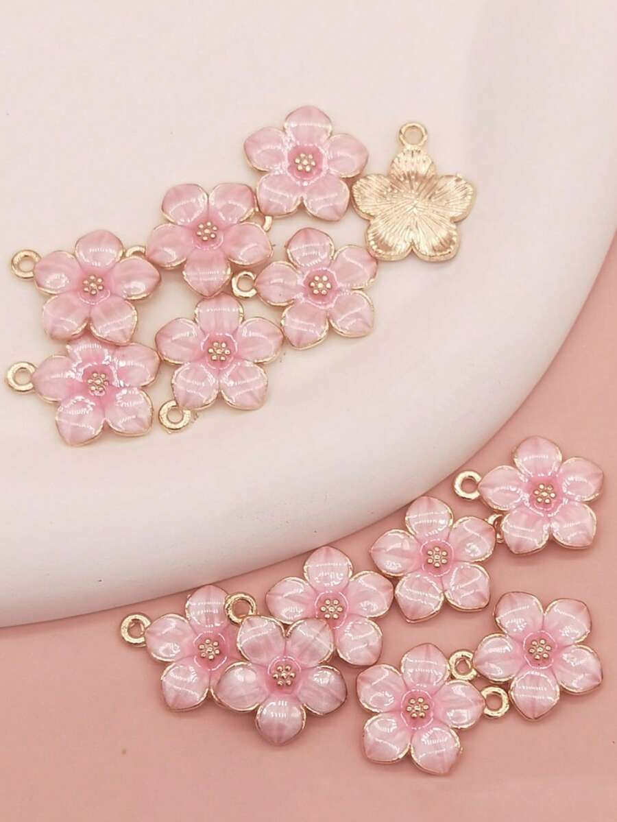 10 chiếc/gói Mặt dây chuyền nhỏ hình hoa, làm từ hợp kim kẽm, tráng men hồng, thích hợp để tự làm khuyên tai, vòng cổ, vòng tay. - Hồng - Xem 1