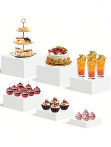Senmeo 6 cái kệ nâng buffet tự phục vụ đế rỗng acrylic - Kệ trưng bày thực phẩm acrylic | Quà tặng tổ chức tiệc/trang sức/tráng miệng Giáng sinh - hình vuông màu trắng - Xem 4