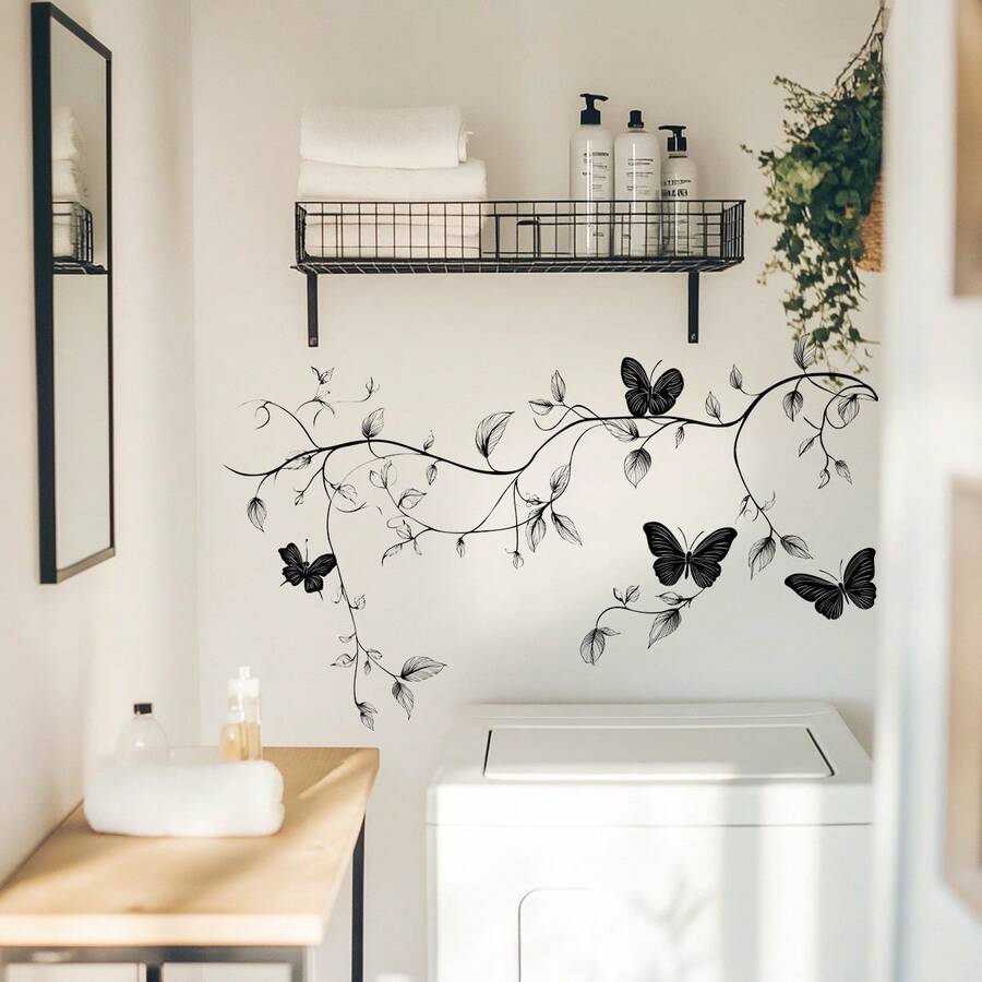 1pc Black Branch Butterfly Wall Sticker, Vine Butterfly Combination, Self-Adhesive Easy To Apply, Minimalist Elegant Decor For Living Room Wall - Multicolor - View 1