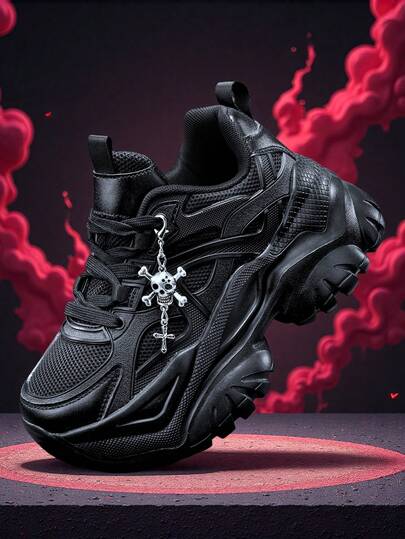 Women's 7CM Increased Height Outdoor Casual Sports Shoes, Equipped With Dark Style 3D Detachable Metal Silver Cross Skull Decoration Chain, EVA Thick Sole High-Platform Black High Heel Lightweight Soft Shock-Absorbing Non-Slip Round Toe Lace-Up Casual Shoes For University Students, Teenagers, Daily Wear, Dating, Fitness, Office