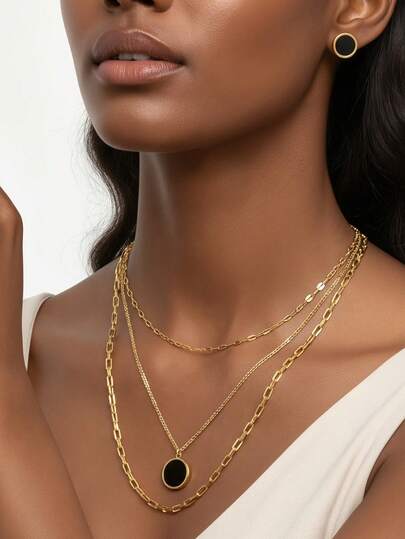 Set de 3 bijuterii din oțel inoxidabil pentru femei, colier și cercei cu pandantiv rotund, potrivit pentru petrecere de ziua de naștere, vacanță, nuntă, cadou de Ziua Mamei