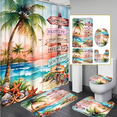 1/3/4pcs Tropical Beach Shower Curtain Set, Inspirational Quote Palm Tree Print Bathroom Decor, Waterproof Fabric Curtain With Non-Slip Mat, Toilet Lid Cover & U-Shaped Rug,Perfect For Home/Bedroom/ Living Room/Household Items