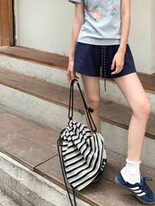 Back To School Korean Style Casual Oversized Capacity College Backpack, Striped Fashion Student Backpack, Niche Design For University & High School, Versatile Commute & Outdoor Bag - Black - View 3