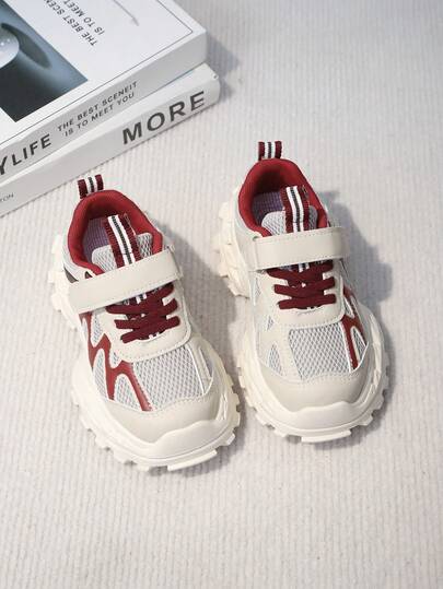 1 Pair Kids' Thick-Sole Chunky Sneakers, Breathable Mesh Casual Sports Shoes For Boys And Girls, Adjustable , Color Block Design, Versatile For Travel, Play, School And Leisure Activities, All Season