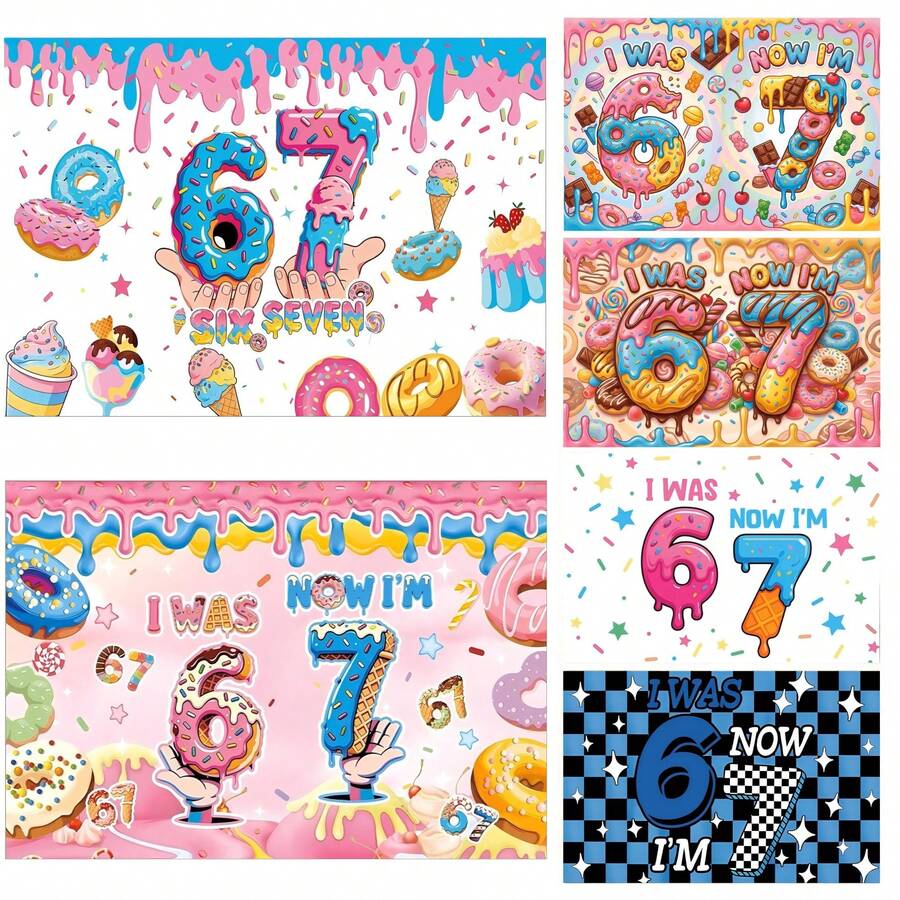 1pc 2D Flat Birthday Party Photography Backdrop, "I WAS 6, NOW I'M 7" Text Design With Donut, Lollipop, Chocolate Pattern, Sparkling Stars, Suitable For 6-7 Years Old Celebration, Family Gathering Party Banner, Vinyl Material - Multicolor - View 1