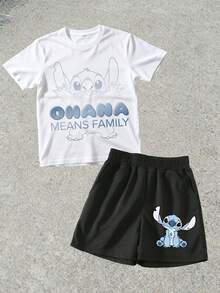 Official Authorization Disney Lilo & Stitch Ohana Print Kids Outfit, Toddler Boys Cute Cartoon T-Shirt & Shorts Set, Summer Casual Tracksuit For Daily Wear Theme Park Vacation, Children's Clothing Holiday Gift - trắng - Xem 3