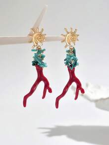 一对时尚经典海洋派对仿珍珠镶嵌红珊瑚镀金螃蟹海星天然贝壳DIY手工饰品，新款金色螺旋钉，蓝珊瑚红珊瑚吊坠耳环，多种款式可选，适合女性假日派对、返校季、节日礼物 - 紅珊瑚 - 查看 3