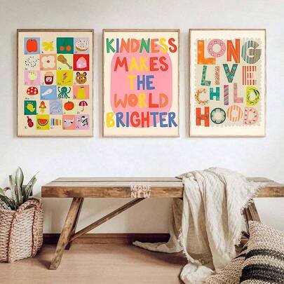 1-3pcs Alphabet And Number Canvas Wall Art, Educational Inspirational Quotes Wall Decor, Featuring The Colorful Phrase Kindness Lights Up The World , With Vibrant Fruit And Animal Designs, Lively Fonts And Floral Patterns.