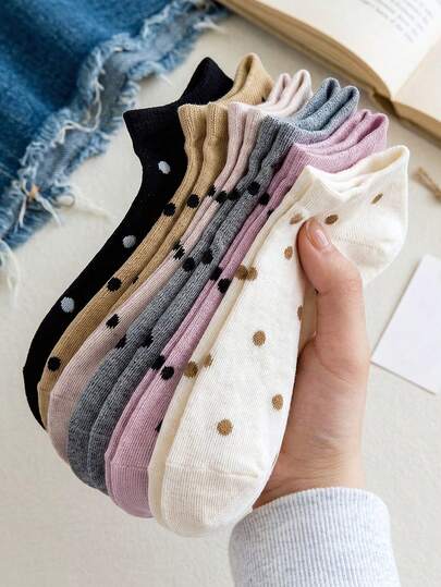 1/6 pares de calcetines de mujer de unicolor y lunares aleatorios, de corte bajo, de moda para primavera y verano, suaves, cómodos, transpirables y versátiles, adecuados para uso diario