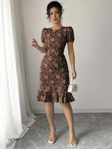 2025 Spring/Summer Women's Elegant Jacquard Solid Color Round Neck Ruffle Hem Puff Sleeve Mid-Length Dress Pink - Coffee Brown - View 7