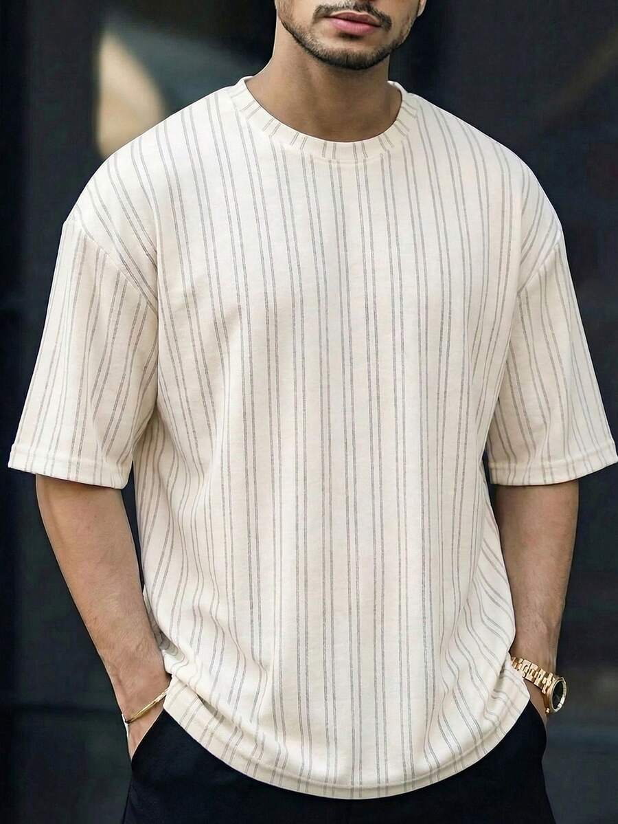 男士浅杏色细条纹宽松圆领T恤,休闲商务通勤舒适上衣 - 杏色 - 查看 1