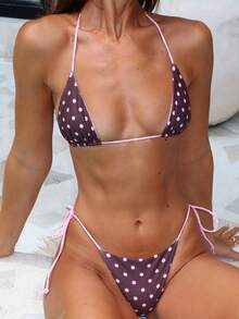 Conjunto de bikini para mujer con estampado de flores y lunares, sujetador sin mangas y tanga con lazos laterales. Traje de baño informal para la playa y la piscina. - Rosa - Ver 1
