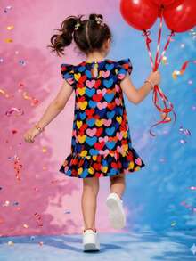 Girls' Rainbow Heart Print Dress, Cap Sleeve A-Line Doll Dress With Ruffle Hem, Sweet Princess Style Casual Vacation Cute Versatile - Black - View 2