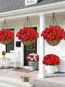 4束仿真天竺葵，适合户外夏季装饰，红色仿真丝花，抗紫外线，不褪色，外观逼真，可用于门廊、花园、家居花盆、露台、春季墓地装饰。 - 紅色 - 查看 4