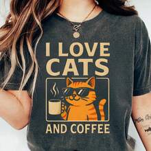 Coffee Cat Graphic Letter Slogan Print Round Neck Short Sleeve Plus Size T-Shirt Casual Summer - Dark Grey - View 3