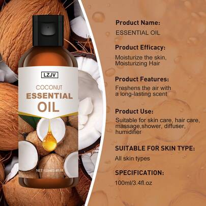 LZJV 100毫升/3.4液盎司，30毫升/1.0液盎司椰子香氛精油，持久留香，适用于身体护理，滋养柔滑肌肤。可用于面部、头发、肌肤和身体。可搭配香薰机/香薰石使用，适用于居家、车载及户外旅行。