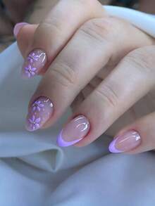 30片/套 杏仁形短款柔和紫色花卉法式甜美百搭可卸式美甲贴片，适合学生、上班族、派对和日常佩戴。全覆盖式美甲贴片+1张凝胶贴片+1把指甲锉，装饰您的指甲，提升您的时尚品味。 - 彩色 - 查看 7
