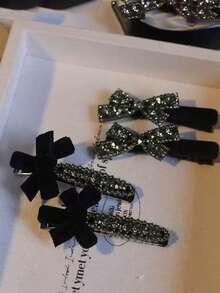 4pcs Luxury Retro High-End Velvet Bow Hair Clips, Minimalist Elegant Side Tassel Hair Clips - 4pcs Black Hairpins - View 2