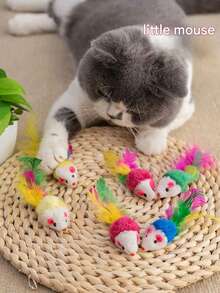 20pcs Plush Small Mouse Cat Toys, Colorful Feather Tail Fluffy Mice, Realistic Mouse Toys That Vibrate And Make Sounds To Attract Cats, Self-Playing Toys - View 2
