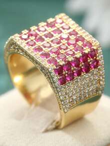 Klassisches Design Vintage Synthetischer Roter Edelstein Ring, Luxuriöser Hochwertig Goldener Verlobungsring, Hochzeitsschmuck Geschenk - Gold - Übersicht 11