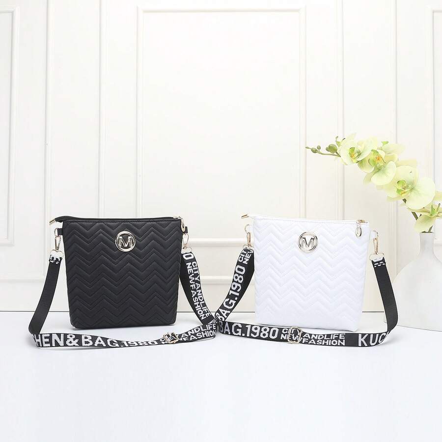 New Fashion Versatile Embroidered Wave Pattern Women's Shoulder Bag, Minimalist Personalized Style Ladies' Crossbody Bag (Moire M Logo + M Pattern), Large Capacity Square Body - Multicolor - View 1