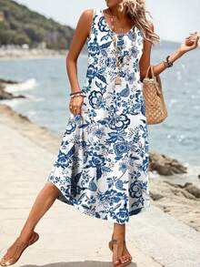 Vestido casual sin mangas con botones delanteros y estampado para mujer talla grande, adecuado para uso diario & vacaciones elegantes de verano - Azul - Ver 2
