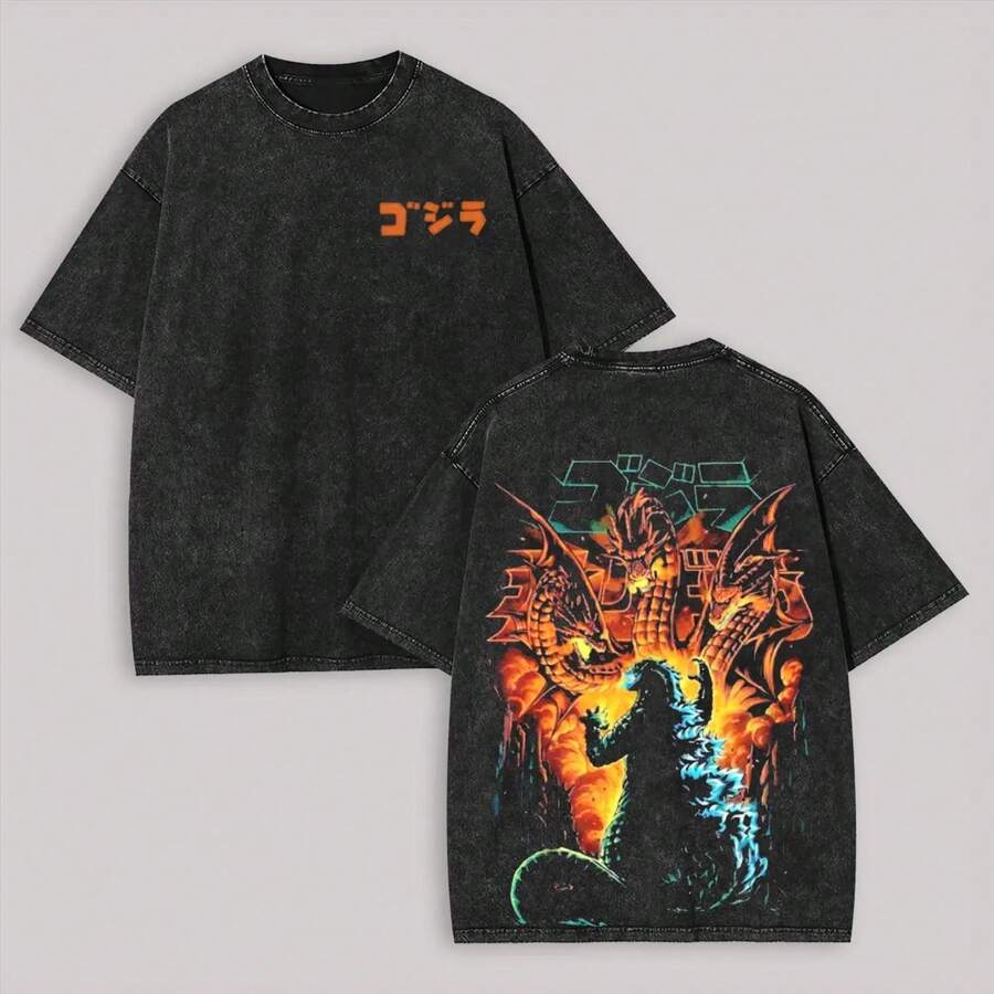 Camiseta Unisex Lavada con Estampado de Godzilla - Negro - Ver 1
