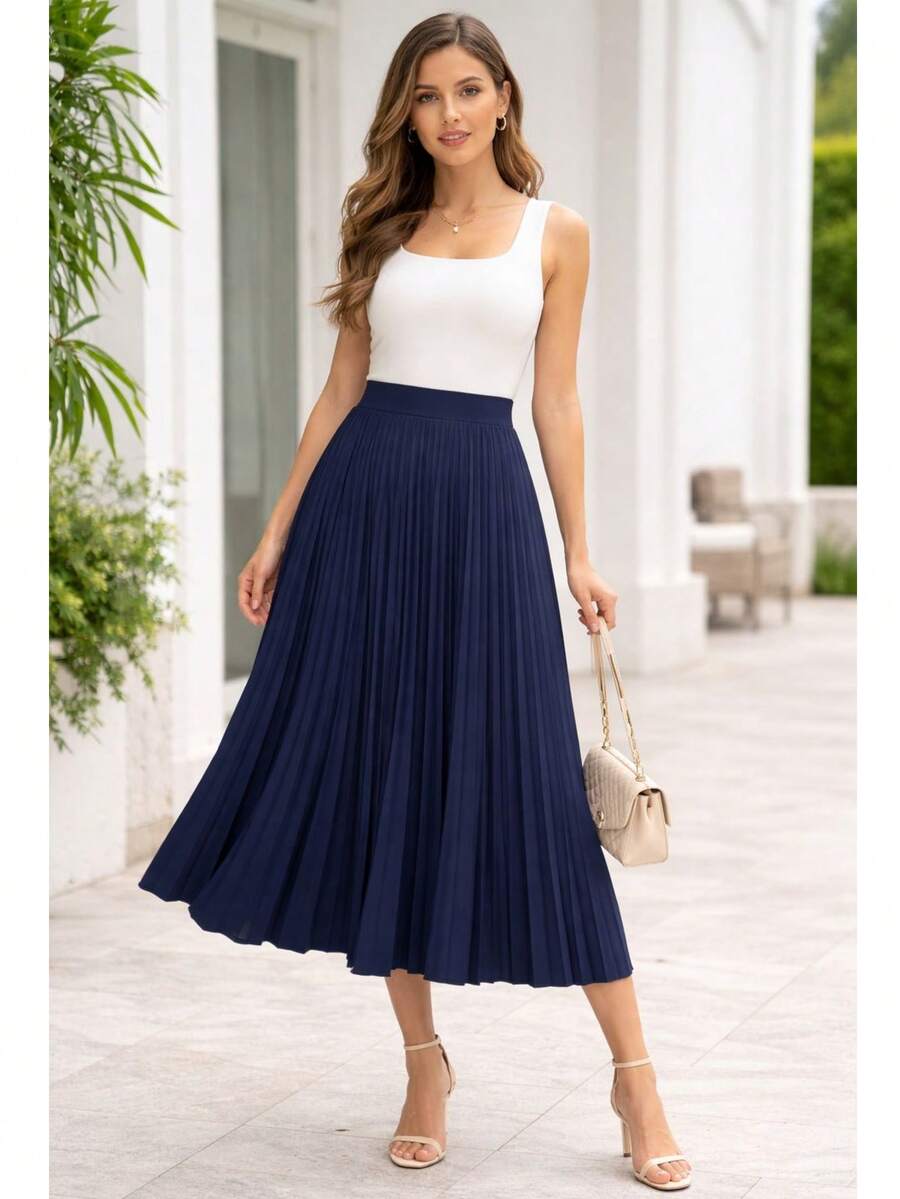 Elegant Pleated Skirt In Stretch Fabric With Lining, Suitable For Women's Evenings, Weddings, Holidays, And Offices. Timeless. - 藏蓝色 - 查看 1