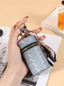 多功能奢华编织零钱包、水桶口红包、简约挂件钥匙扣、便捷耳机盒 - 藍色 - 查看 4