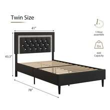 HOMBCK Twin/ Full/ Queen Bed Frame With Headboard, Modern Upholstered Bed Frame With Diamond Tufted Headboard, PU Leather Bed Frame, No Box Spring Needed, Easy Assembly, White/ Black/ Pink - 黑色 - 查看 7