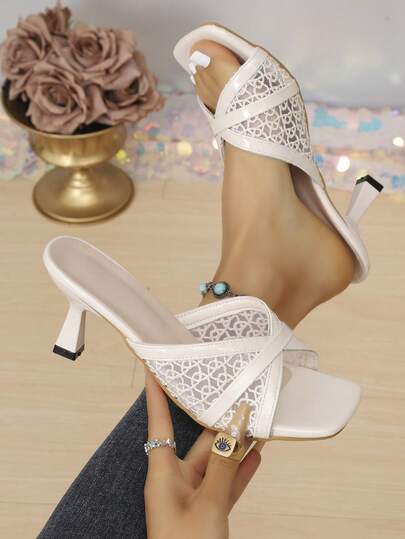 Women's Sexy High Heel Sandals, Suitable For Dresses In Summer, Minimalist Hollow-Out Square Toe Stilettos, Versatile Slip-On Sandals For Office, Outdoor, Beach