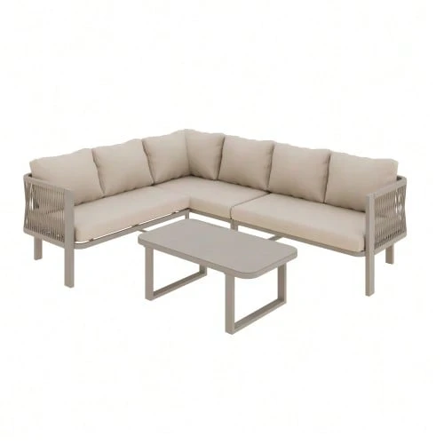 Garden Furniture Set For 6 People, Corner Configuration, Galvanized Steel Tubes, Glass Tabletop, Teslin Rope Weaving, Includes Dining Table, Bench, Chairs And Sofa, Khaki Color. - Khaki - View 1