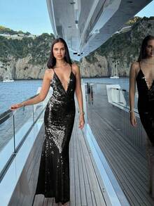 Đầm slip dáng đuôi cá hở lưng đính sequin thanh lịch, lãng mạn, thích hợp cho tiệc tùng, đi biển, hẹn hò, kỷ niệm, tiệc cocktail, tiệc tối trang trọng, chụp ảnh, dự đám cưới. Màu đen. - màu đen - Xem 5