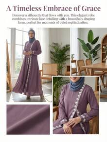 时尚女士圆领优雅蕾丝边长袖阿拉伯长袍连衣裙，端庄春季款 - 淺灰紫 - 查看 3