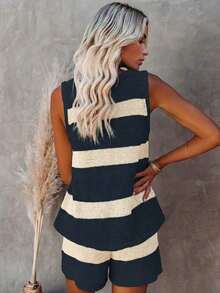 2026 New V-Neck Striped Contrast Color Knitted Vest And Shorts Casual Vacation Knit Set, Elegant And Relaxed Style, Suitable For Daily Commute, Holidays, Beach Outings Summer - Navy Blue - View 3