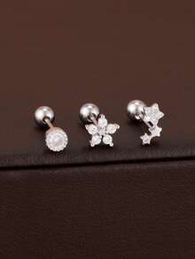 3件套不锈钢花朵星形锆石耳钉套装，18K镀金耳软骨及耳垂耳环，女士饰品 - 3件套 - 查看 4