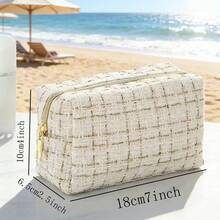 1 chiếc túi đựng mỹ phẩm dệt caro dung tích lớn, túi đựng đồ vệ sinh cá nhân di động, hộp đựng đồ trang điểm du lịch, màu đen và be. - Màu be - Xem 4