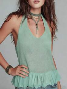 Áo dệt kim nữ thời trang và thanh lịch phong cách đô thị hiện đại mùa xuân/hè; Áo dệt kim cổ yếm màu xanh bạc hà; Áo không tay cổ yếm hở lưng, kiểu dáng mềm mại, bồng bềnh, sẵn sàng cho mùa hè; Hoàn hảo cho mặc hàng ngày và du lịch; Trang phục công sở thường ngày dành cho nữ; Áo thường ngày mùa hè dành cho nữ; Áo màu xanh lá cây dành cho nữ - Màu xanh Bạc hà - Xem 5