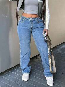 Jeans anchos de tiro medio para mujer, jeans sueltos de estilo Y2K de unicolor casual, adecuados para la calle y el uso diario en primavera. - Lavado medio - Ver 8