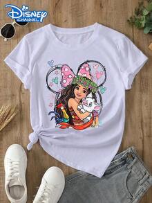 Summer TopsDisney Lady's T-Shirt, Featuring The Cartoon Pattern Of Disney's Moana Princess. Spring/Summer Style Women's Round-Neck T-Shirt. The Fabric Is Soft, Comfortable And Breathable, Suitable For Daily Wear, Shopping, Traveling, Parties, And When At Home. It Is Also Suitable As A Beautiful Gift. Every Lady Deserves To Own One.Loose And Comfortablesummer Outfits For Women - 白色 - 查看 6