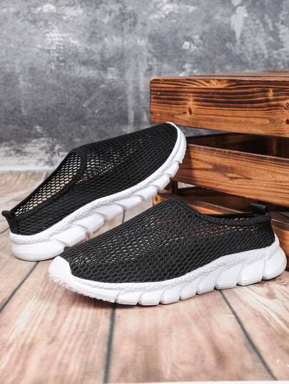 Men's Simple Hollow-Out Versatile Sports Shoes, Black Knitted Mesh, Comfortable And Easy Slip-On, Soft Sole, Lightweight And Easy To Put On And Take Off, Gym Running Training Shoes, Versatile Stylish Couple Shoes