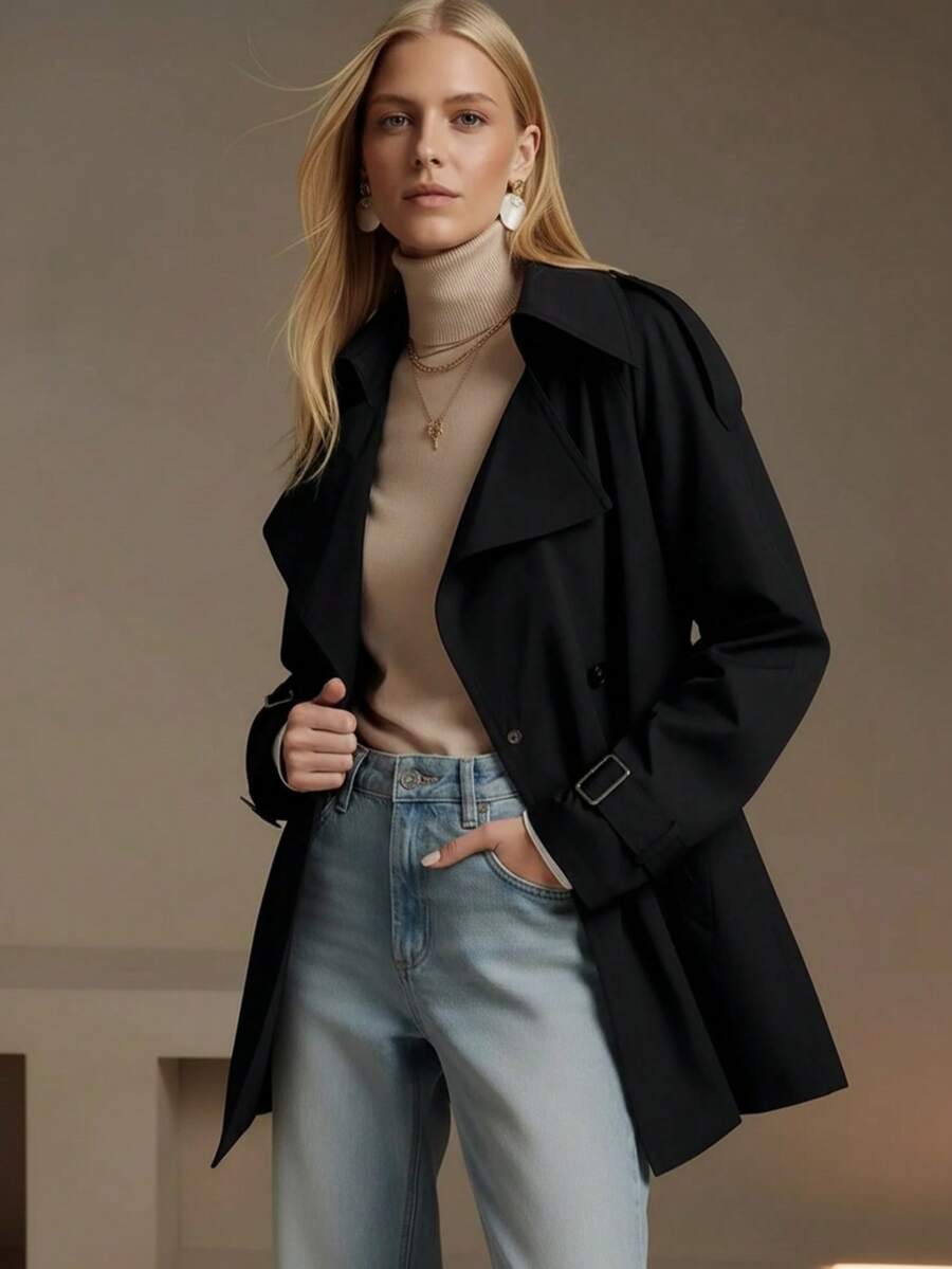 女士秋冬外套，配有实用抽绳口袋，适合寒冷天气下的城市通勤和春季穿着。 - 黑色 - 查看 1