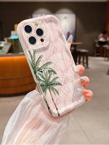 Ocean 1pc Minimalist Pink Seashell & Palm Tree Pattern Phone Case, Wavy Cream TPU Material Suitable As Holiday Gift Compatible With Apple XS/XS Max/XR/11/12/13/14/15/15 Pro/16 Pro/16 Pro Max/16 Plus/17 Series - Multicolor - View 2