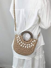 Woven Shell Beach Bag | Detachable Shoulder Strap . Vacation Beach Bag . Multifunctional Fashion Women Handbag] Contrast Color Handle: Black And White Striped Wrapped Round Handle, Retro Eye-Catching, Comfortable Grip, Instantly Become The Focus When Traveling - Multicolor - View 6
