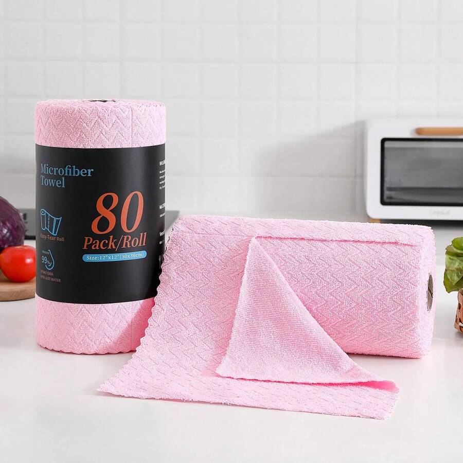 80 Pack Microfiber Cleaning Cloth Roll Reusable Paper Towels 12"X12" Tear Away Cloth,Absorbent Dish Rags For House Kitchen,Wash Cloths,Lint Free Rags For Window Cars Cleaning Supplies - Hồng - Xem 1