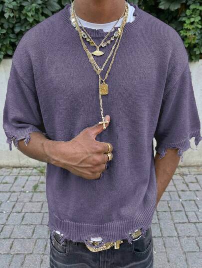  ANDREILEE Men's Purple Casual Loose Fit Ripped Fringe Knit Short Sleeve Pullover Top, Minimalist Korean Style For Spring/Summer