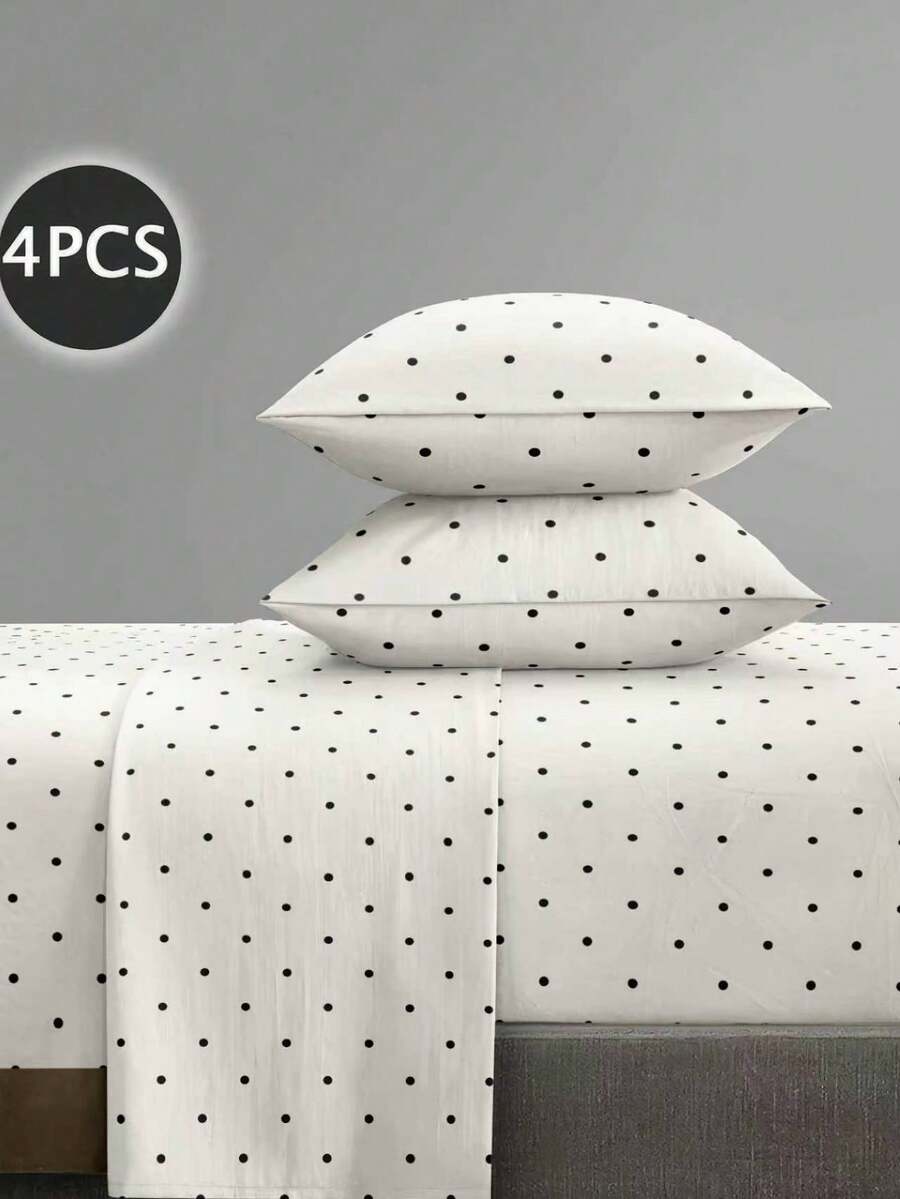 Bộ ga trải giường 4 món họa tiết chấm bi trắng đen, dễ giặt ủi, chất liệu microfiber siêu mềm (1 ga phẳng + 1 ga bọc nệm + 2 vỏ gối), ga bọc nệm dệt kim phù hợp với nệm dày đến 11,8 inch, phong cách khách sạn sang trọng, họa tiết chấm bi cổ điển vượt thời gian, món quà tuyệt vời cho mẹ, bố và bạn bè. - Nhiều màu - Xem 1