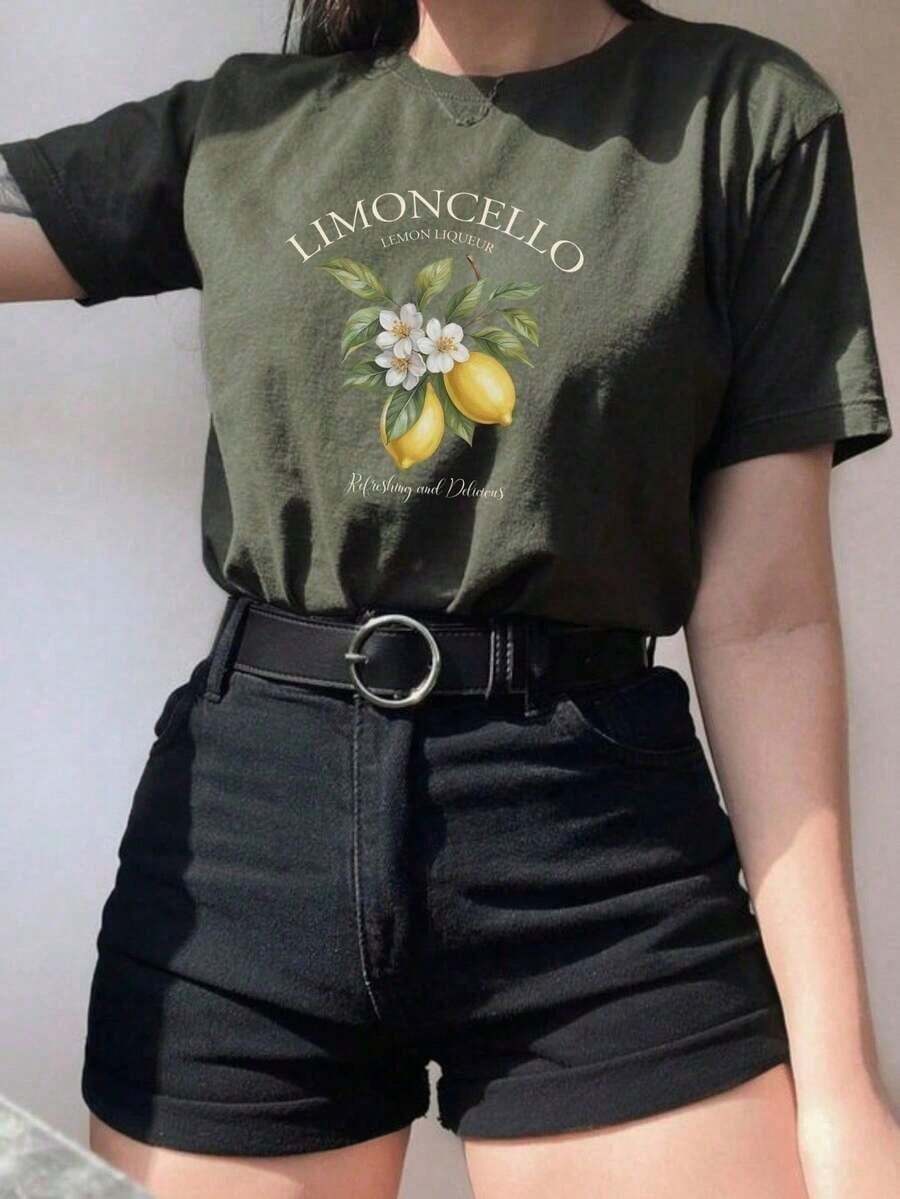 Women's Limone Limoncello T-Shirt, 100% Cotton, Oversized Style,  Minimalist Lemon Print. - 墨綠色 - 查看 1